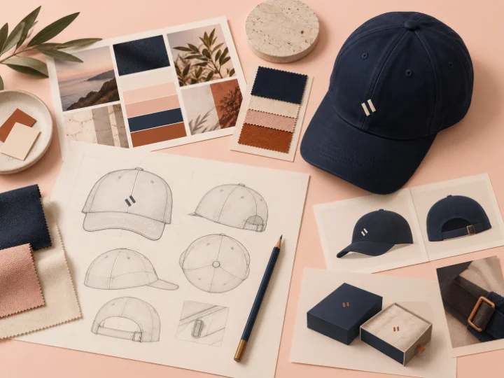 Pencil sketches of a cap beside fabric and colour swatches