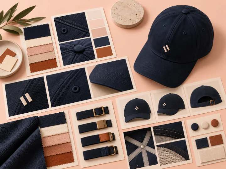 Fabric swatches, strap buckles and a cap laid out to choose the details