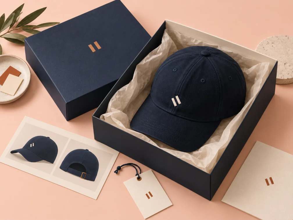 The finished cap packed in a branded navy box with tissue and a swing tag