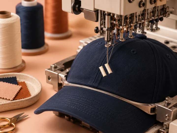 An embroidery machine stitching a mark onto a navy cap