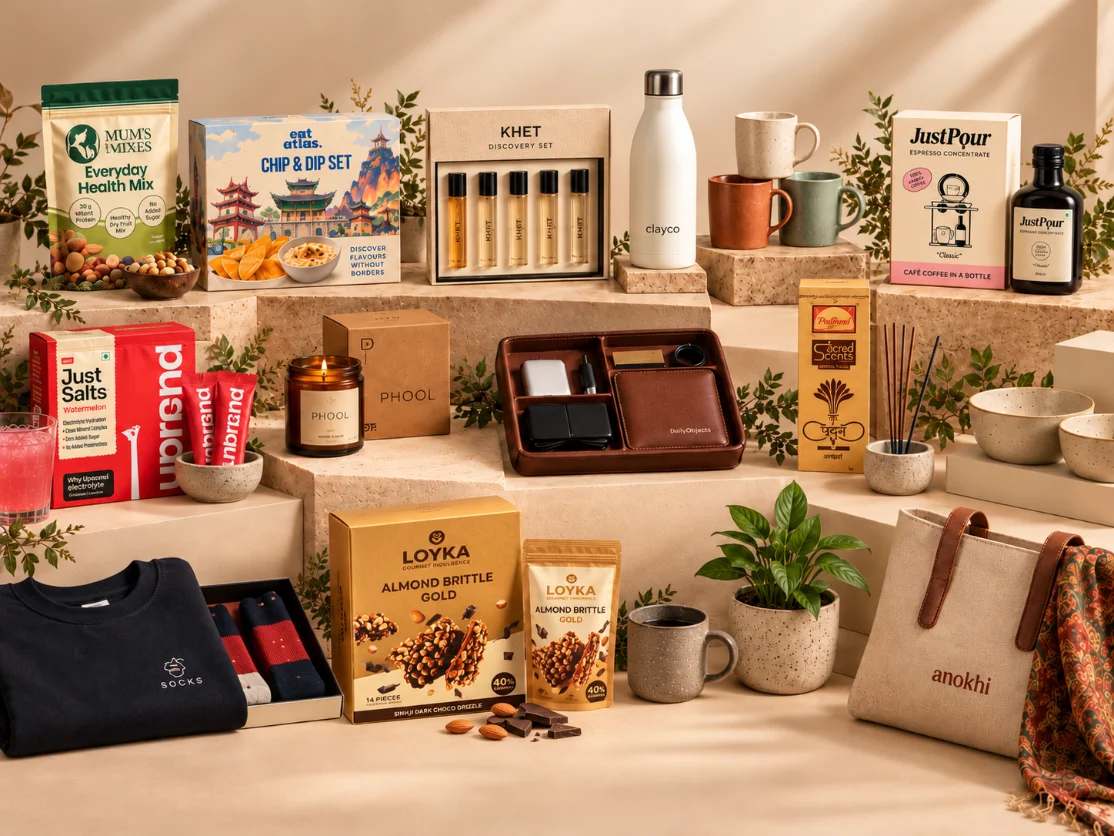 Products from many brands arranged on shelves: snacks, coffee, candles, bottles, mugs and leather goods