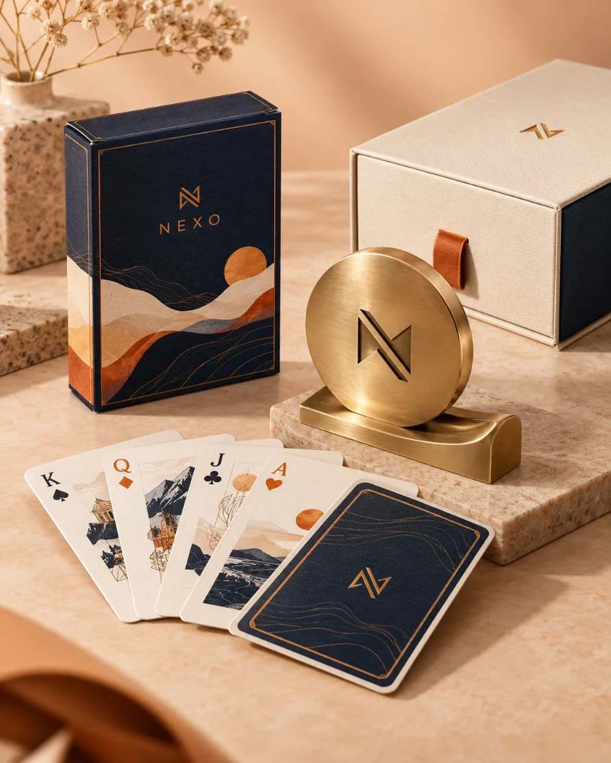 Custom-made pieces: illustrated playing cards in a branded box and a brass desk medallion