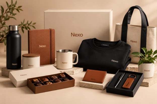 A curated set of branded gifts: bottle, notebook, mug, sweatshirt, tote and chocolates