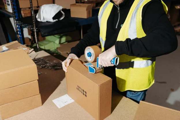 A warehouse worker taping up a shipping carton