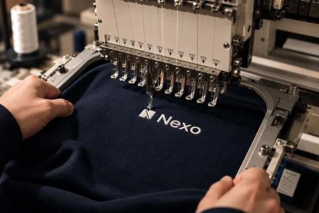 An embroidery machine stitching a logo onto a navy sweatshirt