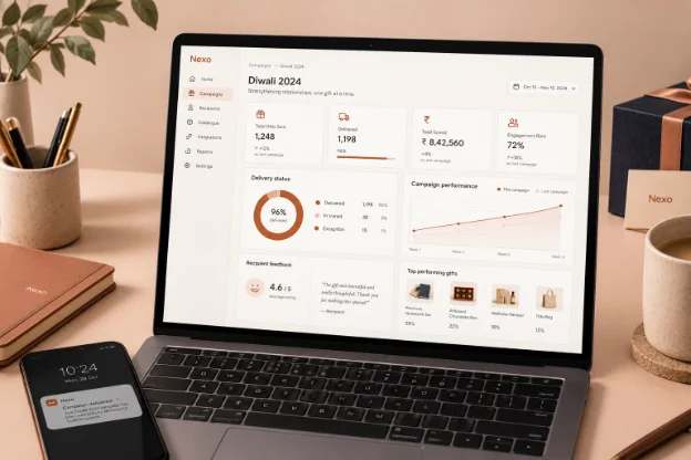 A laptop showing a Nexo campaign dashboard with delivery status and spend