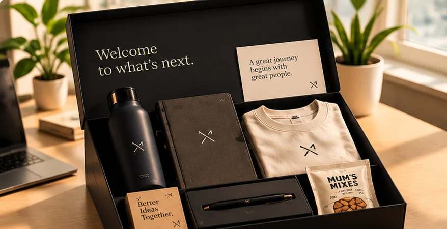 An employee onboarding kit with a bottle, notebook, T-shirt and snacks