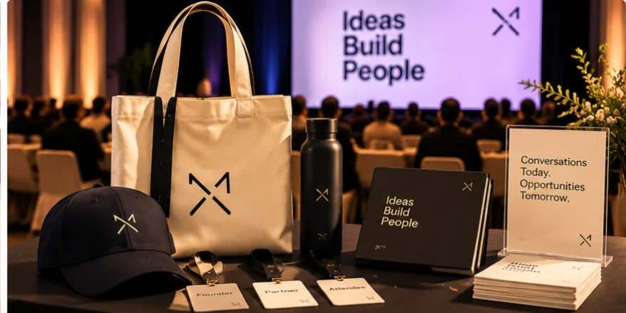 Conference merchandise: a tote, cap, bottle and notebook