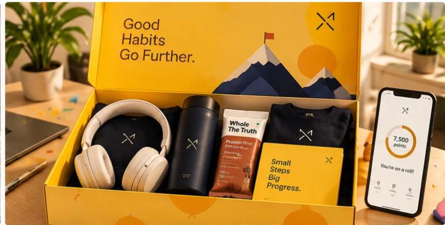 A bright yellow reward box reading Good Habits Go Further, with headphones, a bottle and a T-shirt