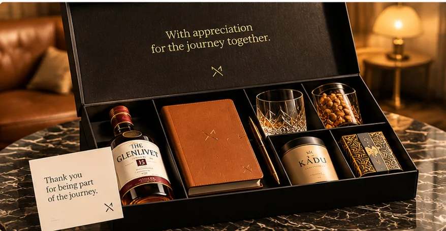 A premium client gift box with a leather notebook, glassware and gourmet jars