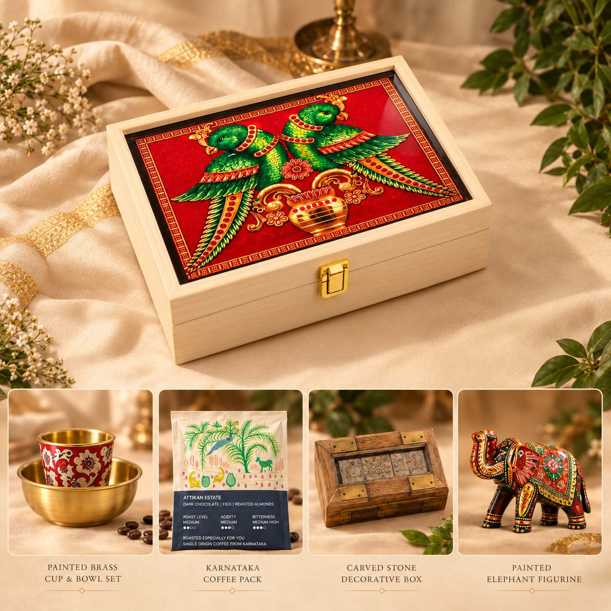 A Little Something from Karnataka: a Tanjore print box with a brass set, coffee, a Channapatna box and a painted elephant